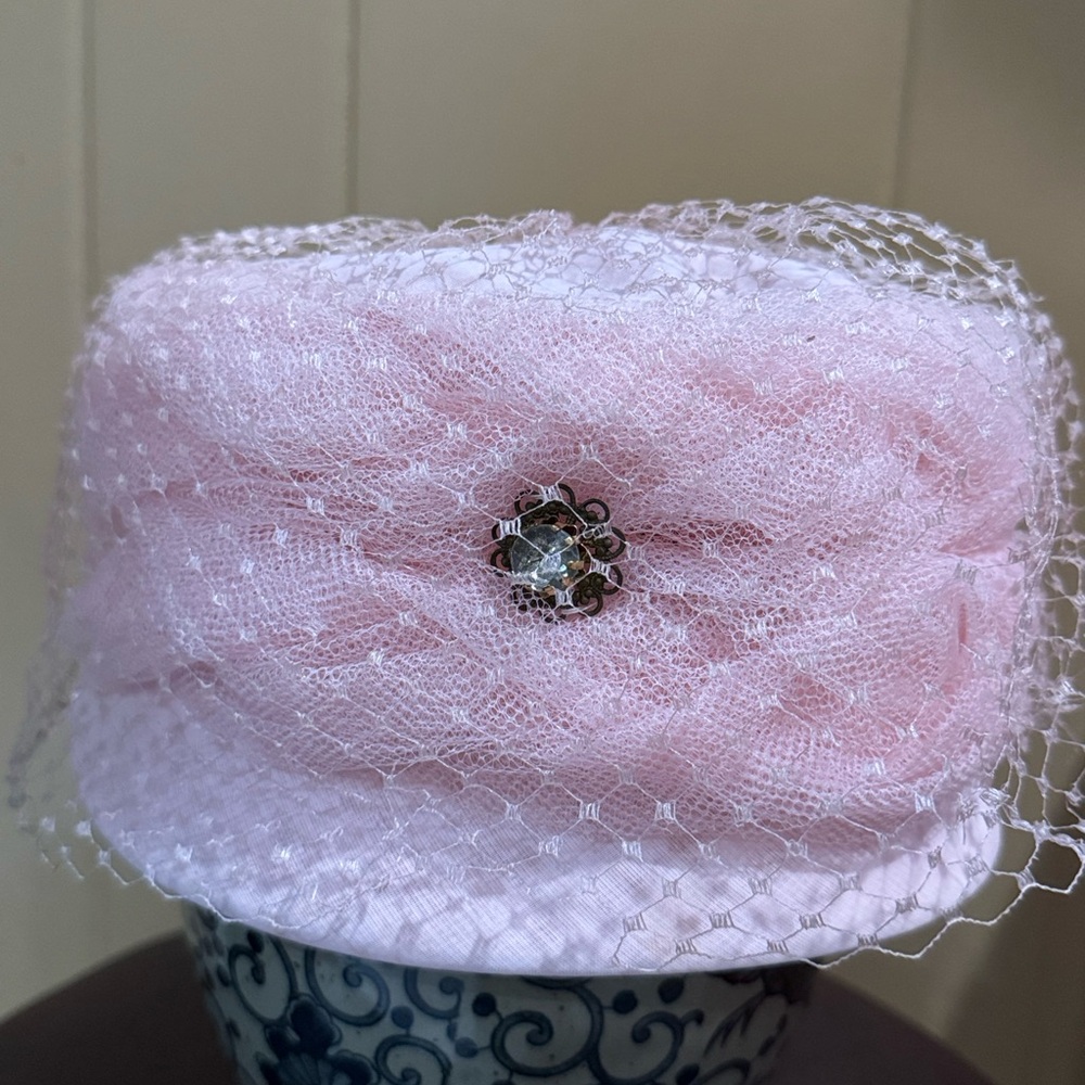 Vintage Pink Net Veil Pillbox Hat with Rhinestone Brooch Accent